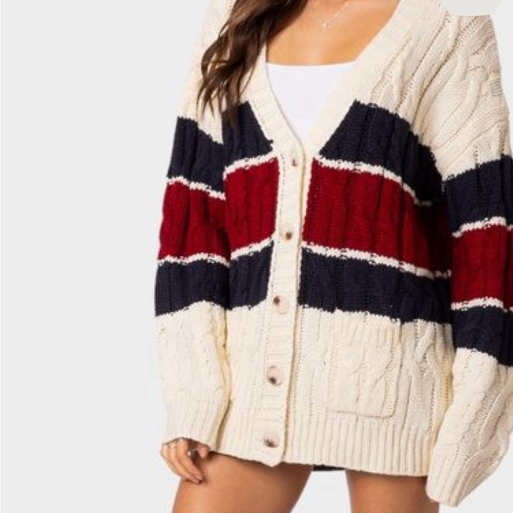 Aerie Cream, Red, and Navy Cable Knit Cardigan